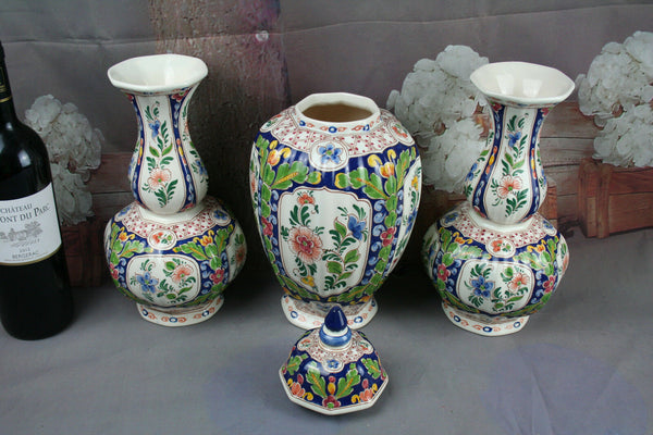 Set of 3 DELFT polychrome pottery Vases Marked floral decor mantel garniture