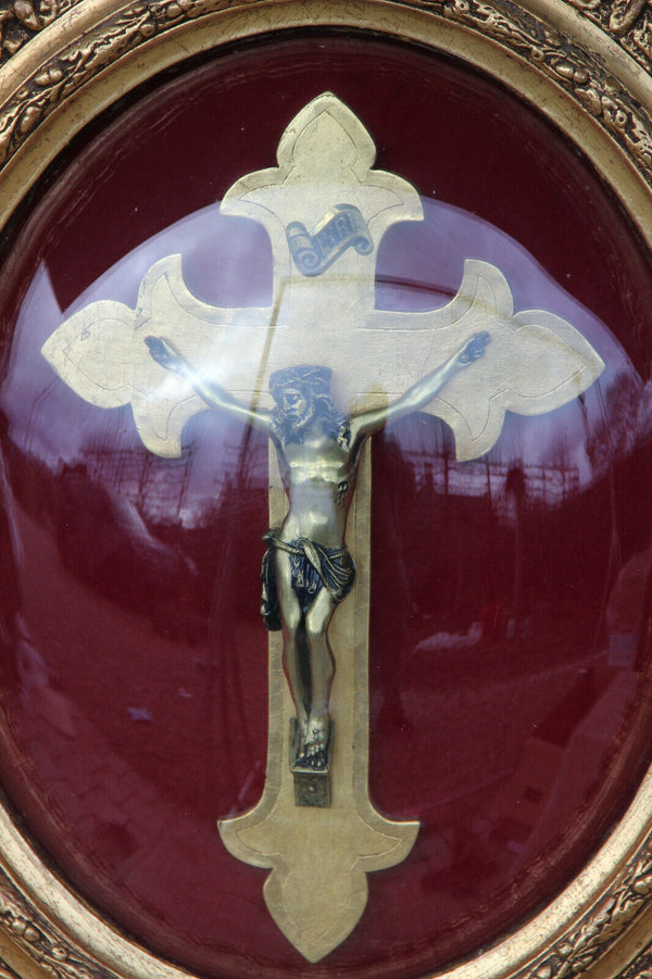 antique French wall panel glass Christ crucifix Religious
