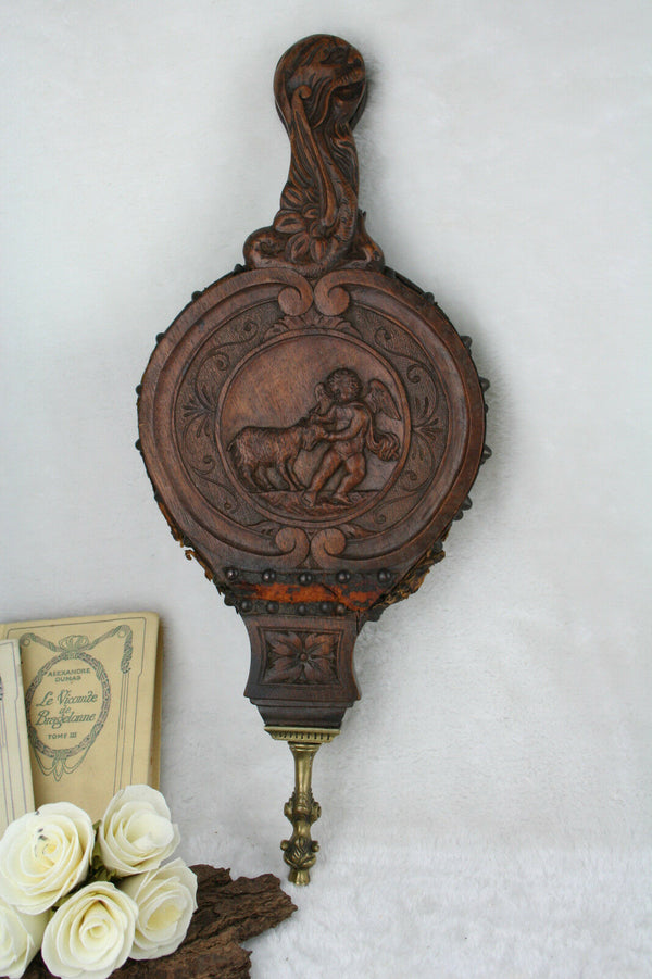 1880 UNUSUAL wood carved victorian putti fireplace blower gothic freak bellows