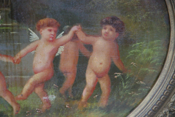 Antique French school oil canvas painting 19thc oval putti cherubs