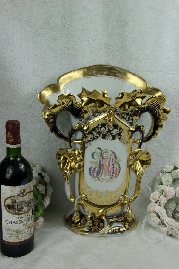 XL antique French vieux paris monogram Porcelain Vase
