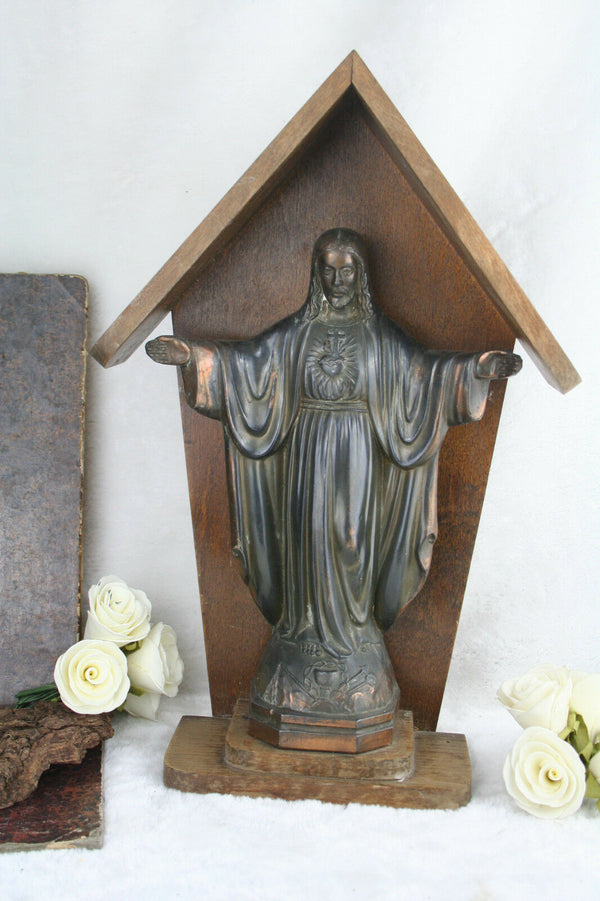 Antique Sacred heart christ spelter regule in a wood chapel religious 1935 franc