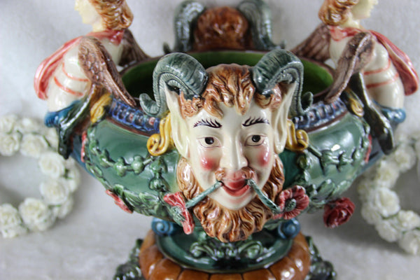 Stunning XXL Satyr caryatid heads Barbotine Majolica Planter jardiniere Vintage