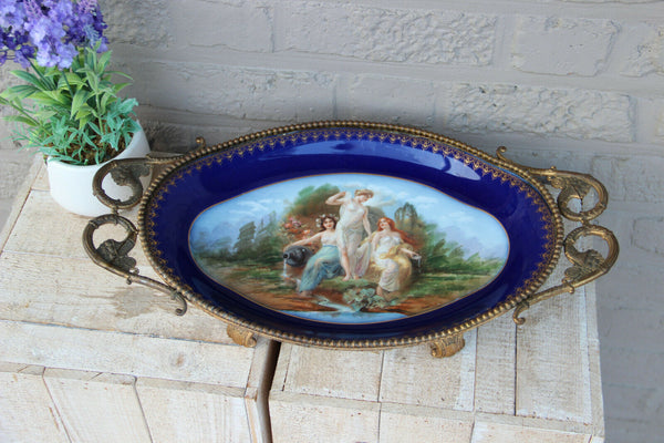 Antique French Centerpiece bowl tray in Sevres porcelain victorian bronze frame