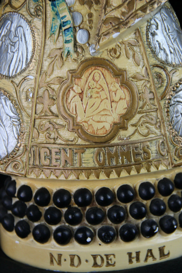 Antique chalkware polychrome Notre dame de HALLE marked black madonna figurine