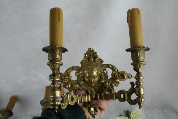 Pair French Bronze brass putti cherub angel heads wall sconces lights 1930