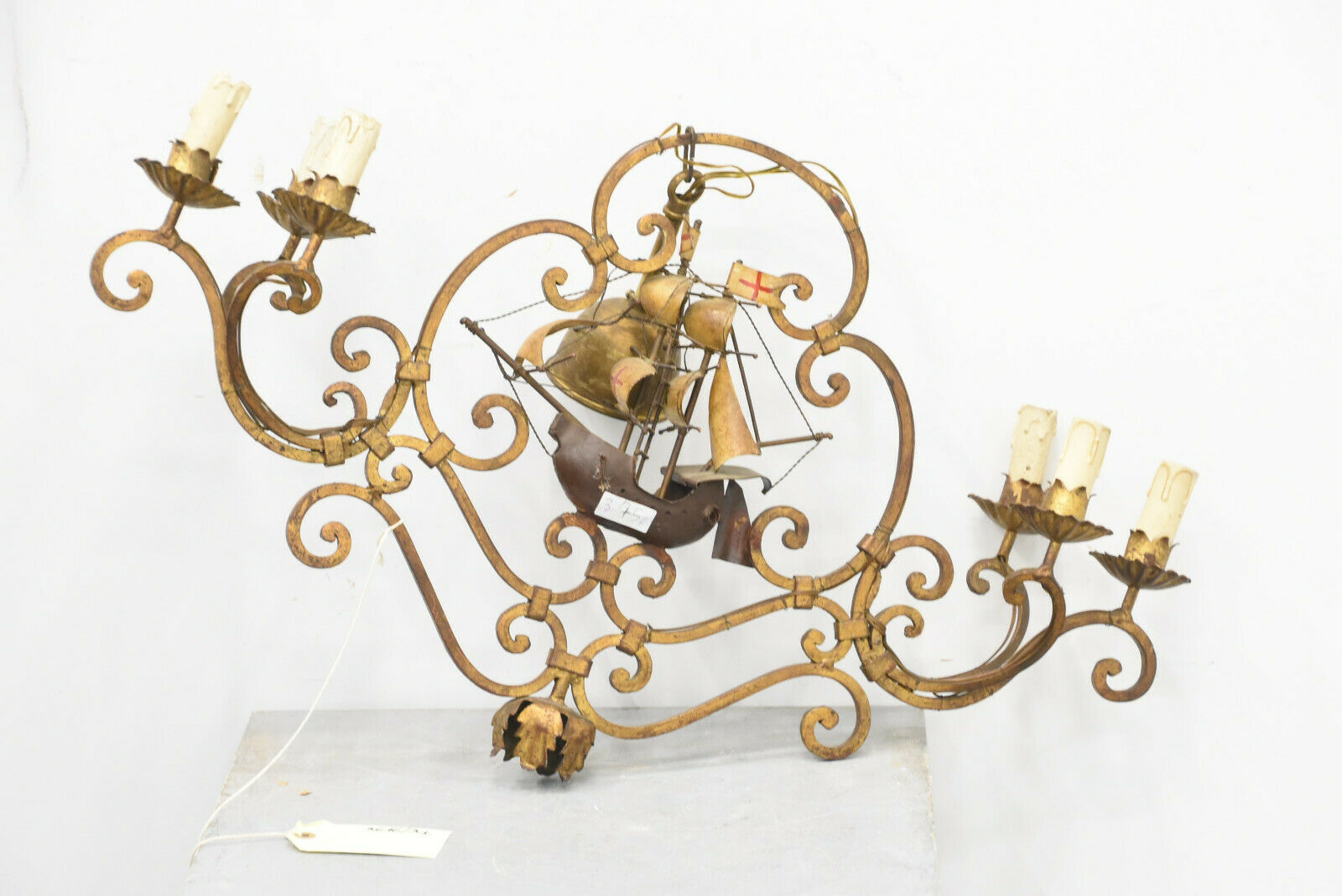 Rare Unusual Antique Bronze French Wrought iron Ship boat chandelier 6 lamps