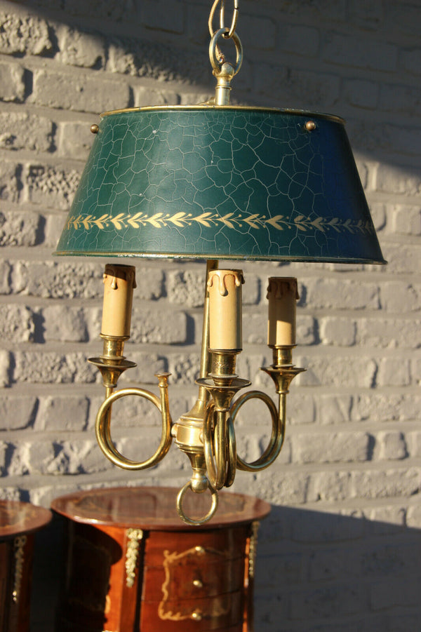 French vintage bouillotte Empire hunting horn brass Chandelier lamp pendant