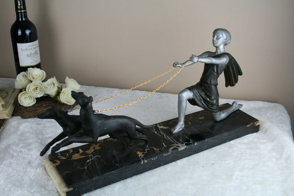 Art deco French spelter Group Lady dogs whippets marble base statue sculpture