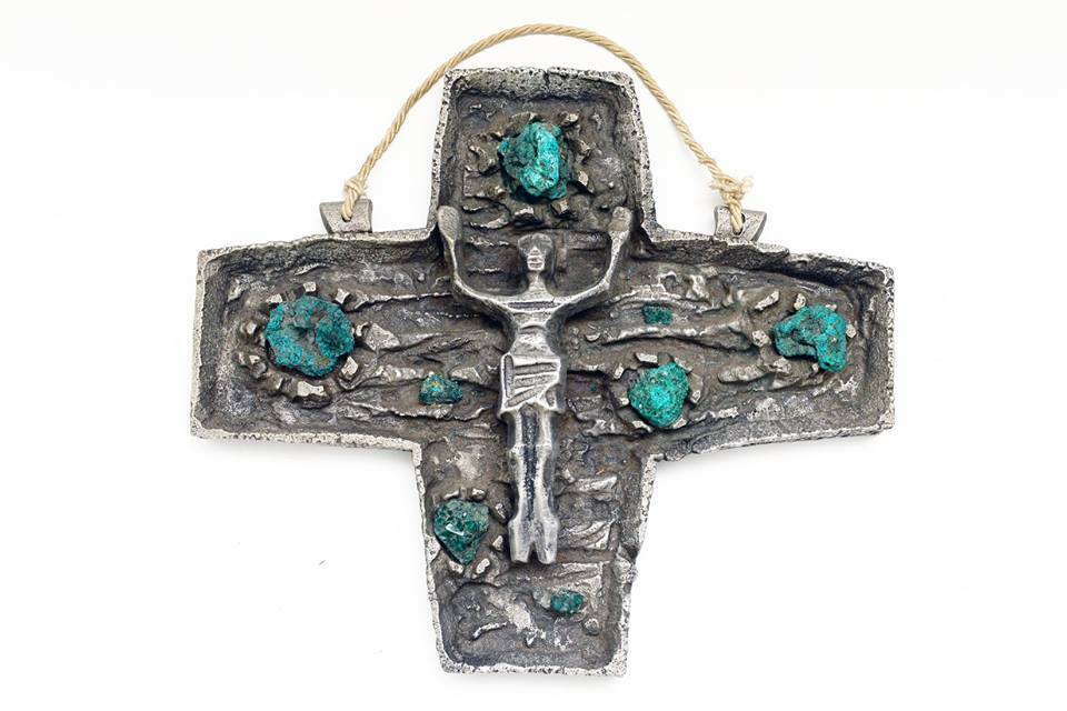 HUGE Rare BRUTALIST Stoneware malachite stones Crucifix cross religious christ