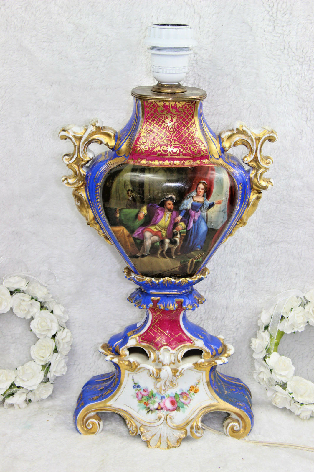 Antique French vieux old paris porcelain vase romantic dog scene floral Lamp
