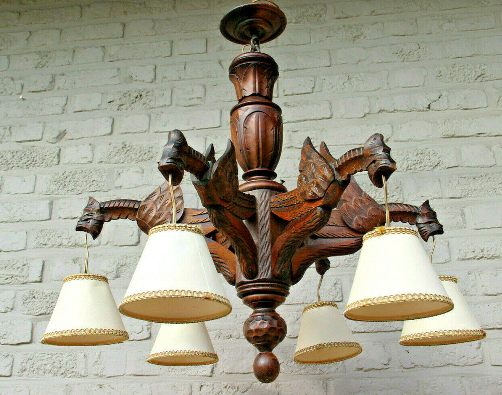 Antique french black forest wood carved gothic castle dragon chandelier