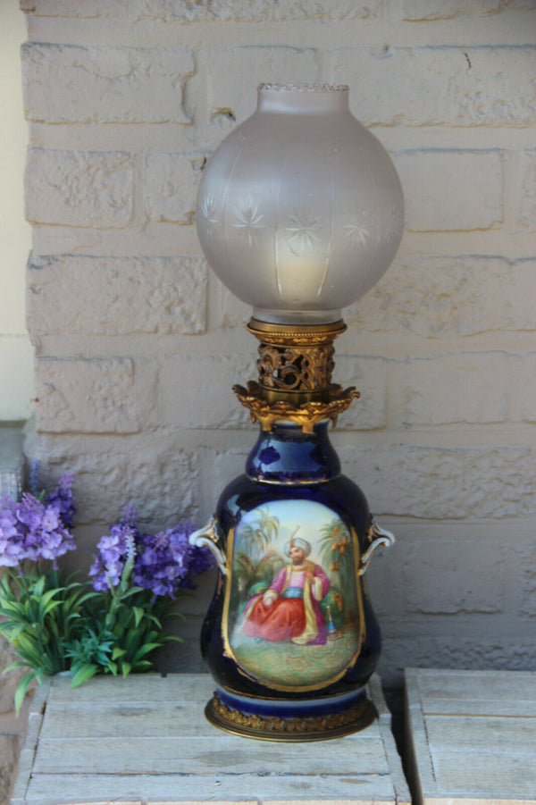 Antique French bayeux porcelain sultan portrait floral table lamp