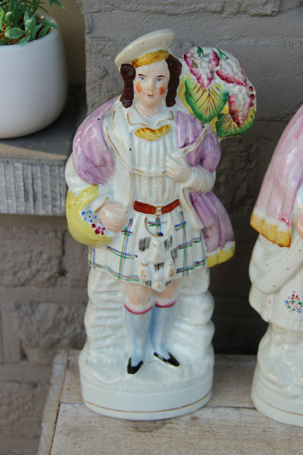PAIR Antique victorian STAFFORDSHIRE pottery Statue figurine scottish flower