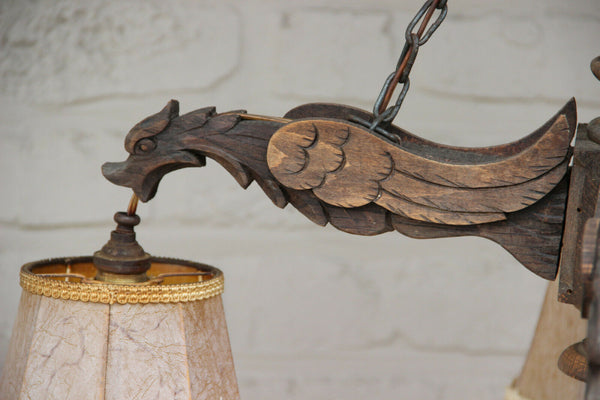 Antique French Gothic Castle 4 Dragon chimaera Chandelier wood carved 19thc