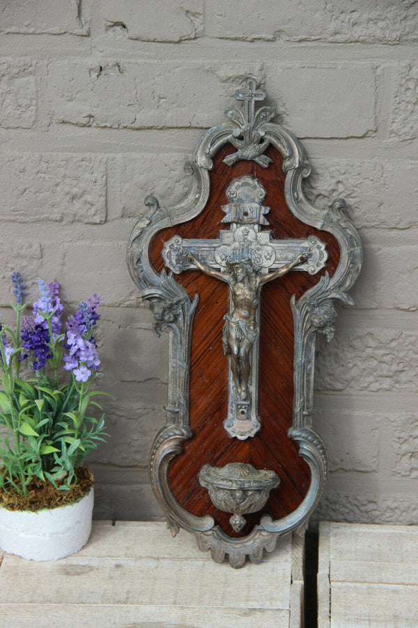 Antique French bronze wood inlaid putti head crucifix holy water font religious