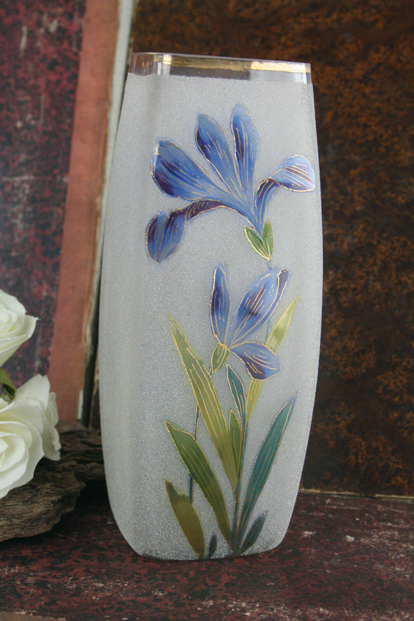 French art nouveau frosted glass enameled vase floral decor