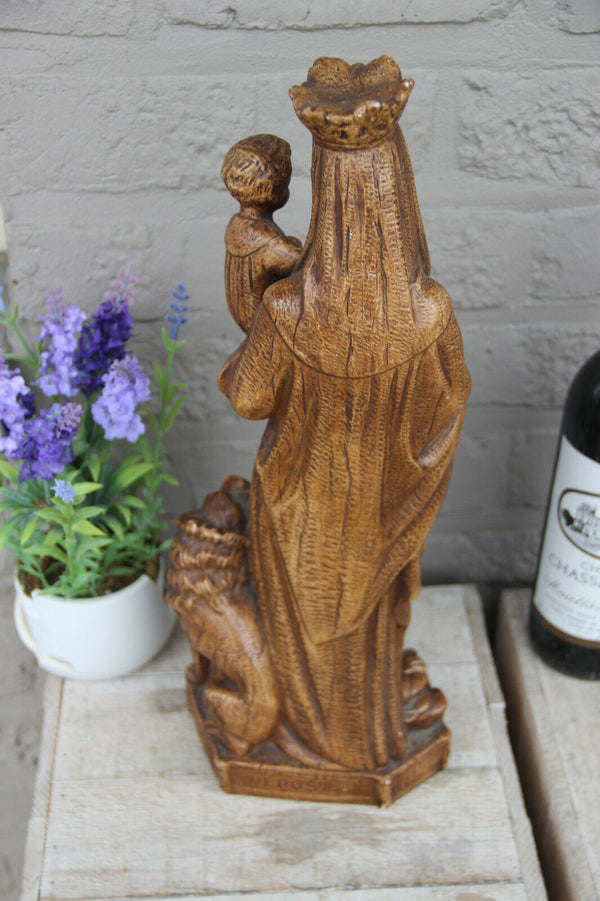 Large antique Chalkware Religious Madonna statue figurine flanders lion symbol