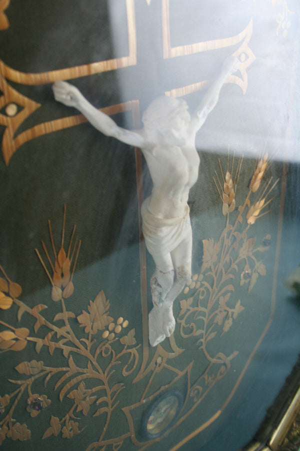 Antique 19th religious Crucifix framed with relic religious