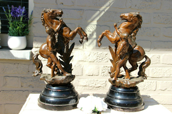 PAIR antique spelter Bronze patina marly horses by Coustou wood base