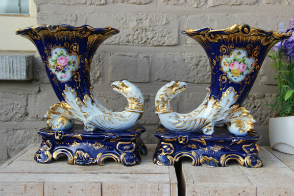 Antique french pair Vieux paris porcelain floral  eagle head bird attr j petit