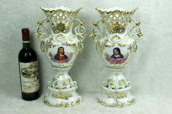 Rare XL Antique french Vieux PARIS porcelain religious altar Jesus Mary Vases