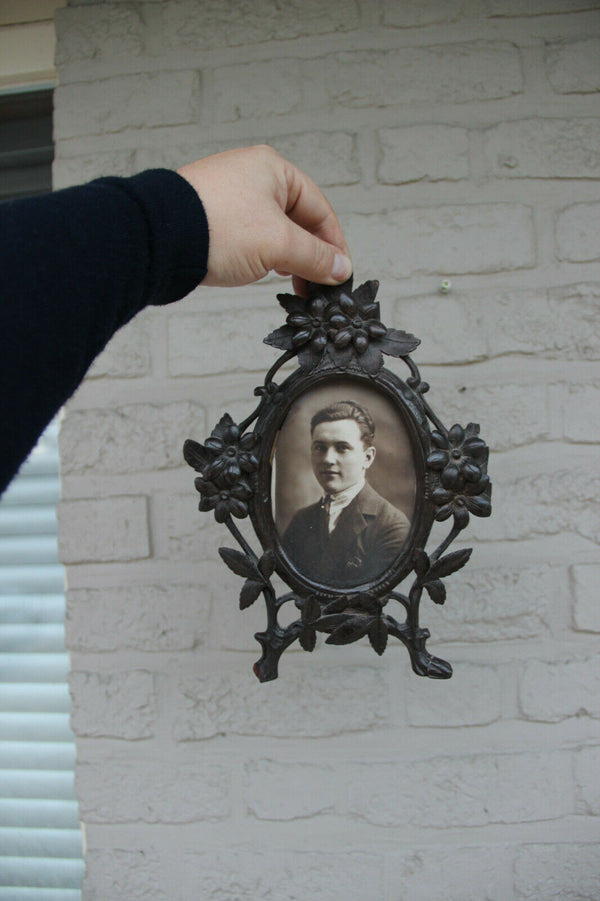 Antique 19th c Black forest wood carved picture photo  frame floral decor