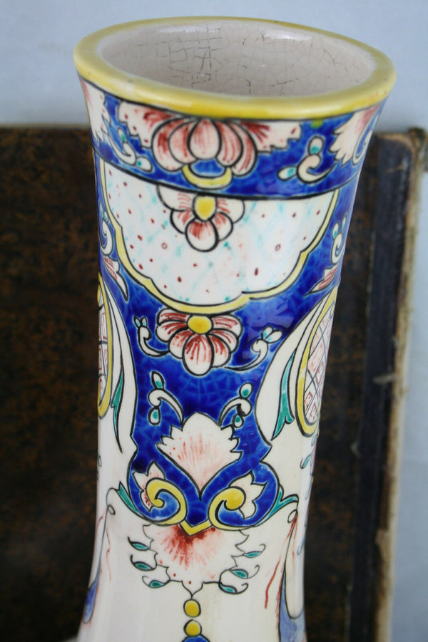 French Faience Longwy pottery Vase Polychrome 1920  marked art deco porcelain