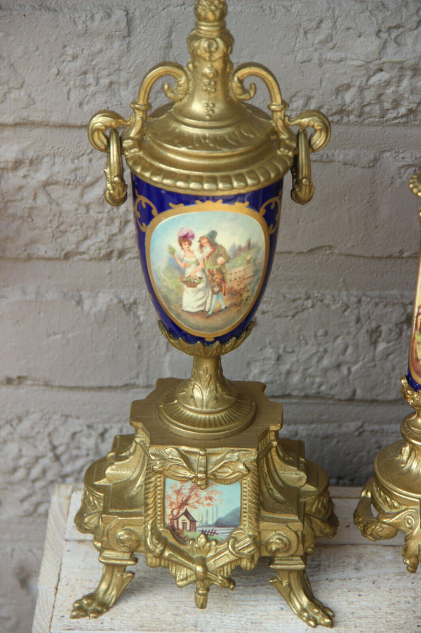 Gorgeous French Porcelain victorian scene Clock set candelabras urns FHS