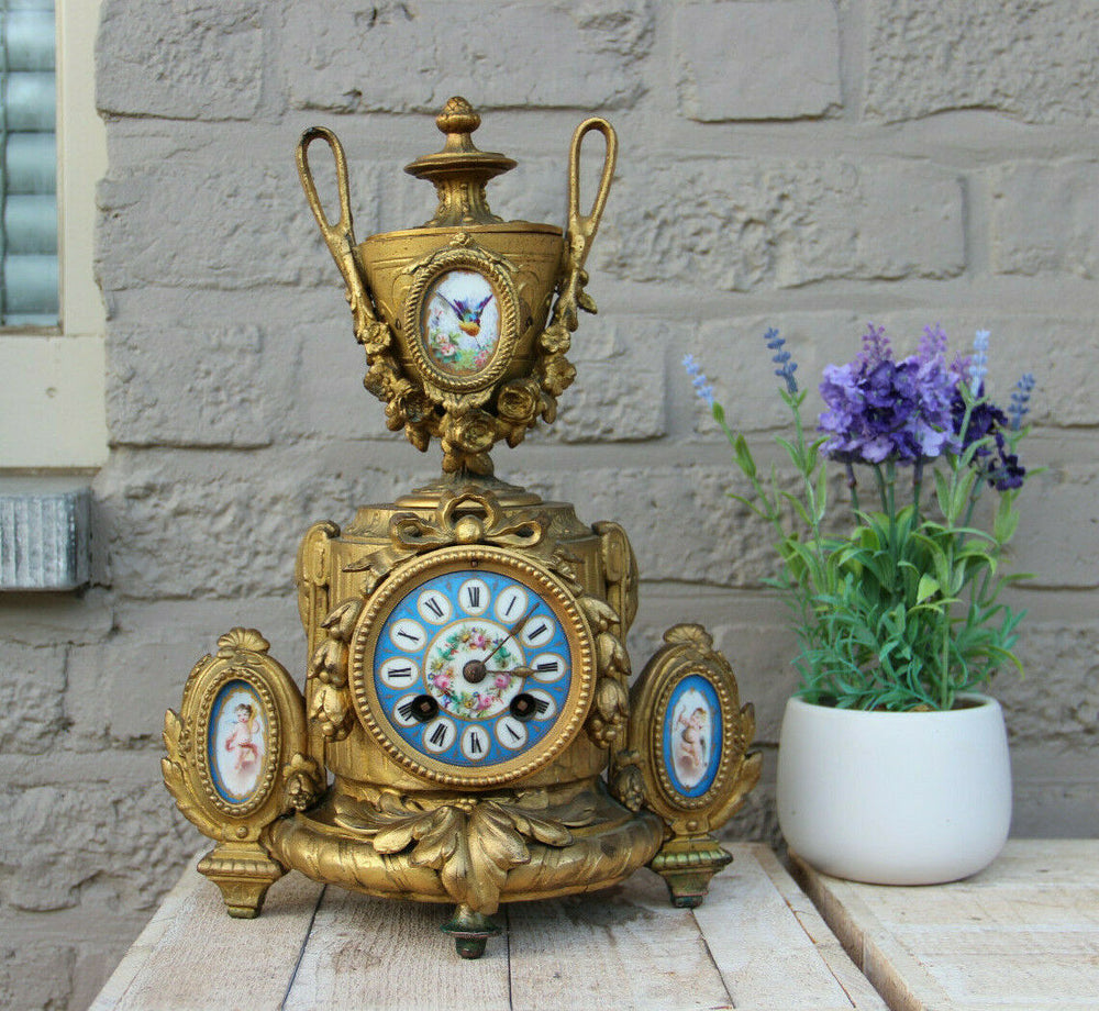 Antique french Spelter bronze porcelain sevres putti medaillon clock