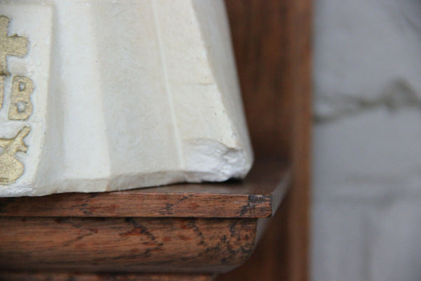 Antique French Religious chalkware Madonna statue on wood console marked