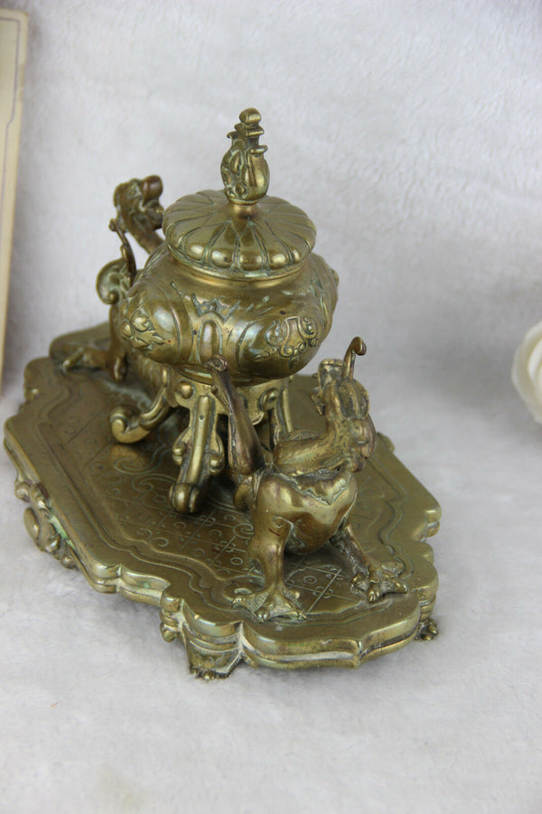 French antique bronze dragons gothic inkwell desk