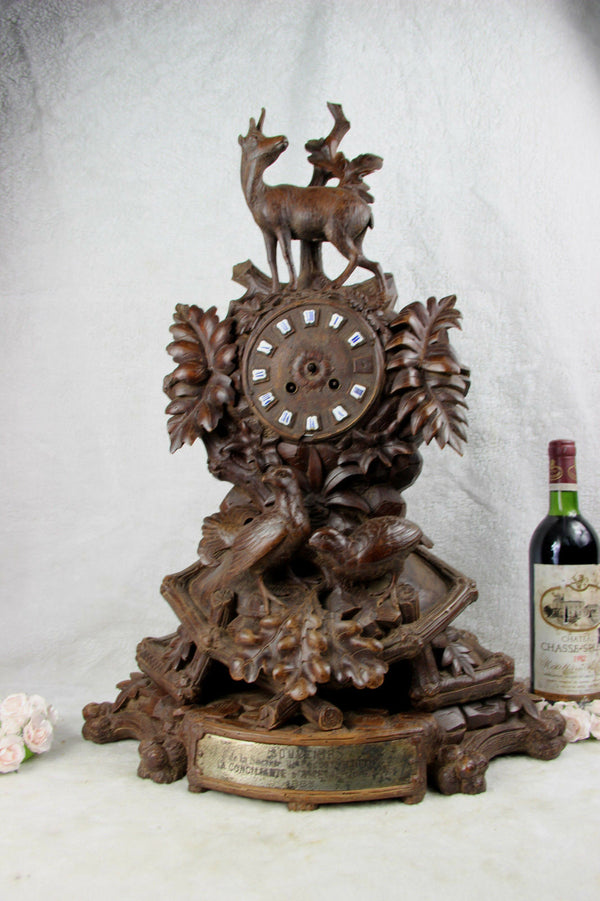 Huge BLACK FOREST wood carved 1885 Clock deer hunt birds marked