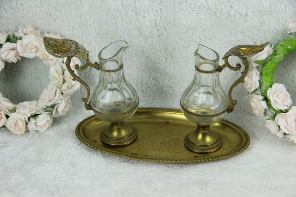 Antique Church altar Glass Cruet Communion Wine set art nouveau