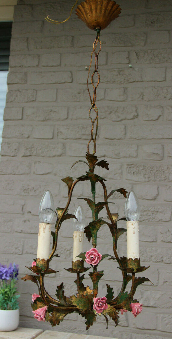 French 1970 MEtal gold gilt chandelier 3 arms majolica roses flowers