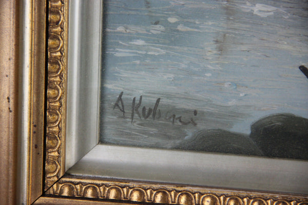 PAIR matching Oil cardboard Marine Boats Paintings signed nautical 1960's