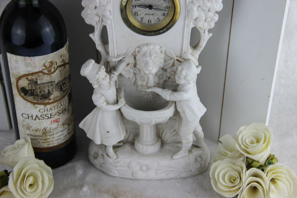 German Bisque porcelain Group fountain lion clock marked group