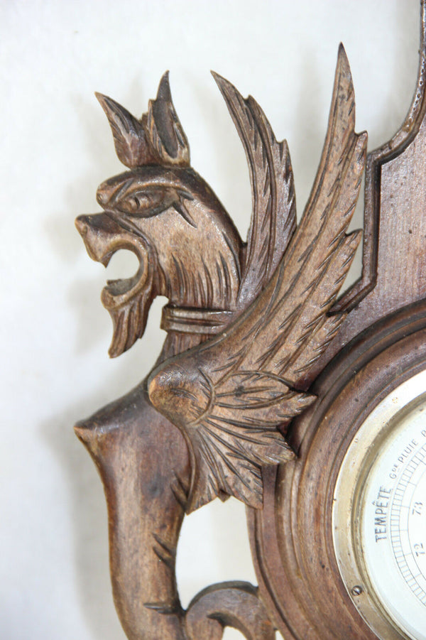 Antique wood carved black forest cut Dragon gothic barometer Figurines