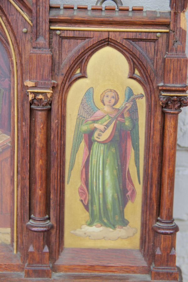 Antique Neo gothic religious Tryptique oil panel angel Gabriel mary Annunciation