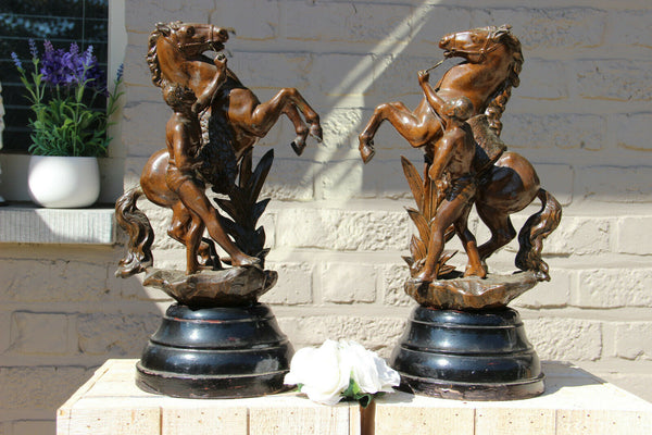 PAIR antique spelter Bronze patina marly horses by Coustou wood base