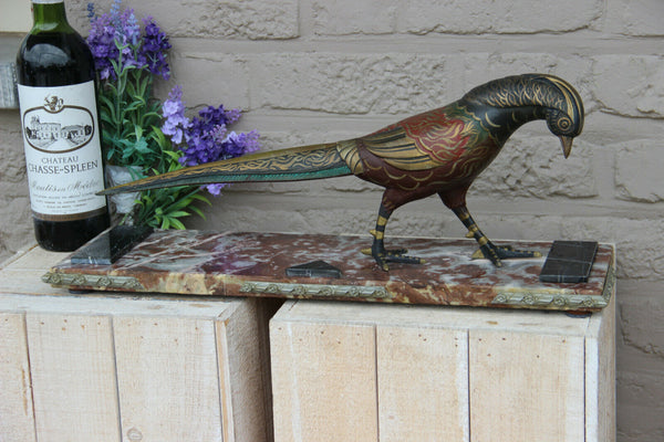 Antique french art deco spelter bronze polychrome paint pheasant bird marble