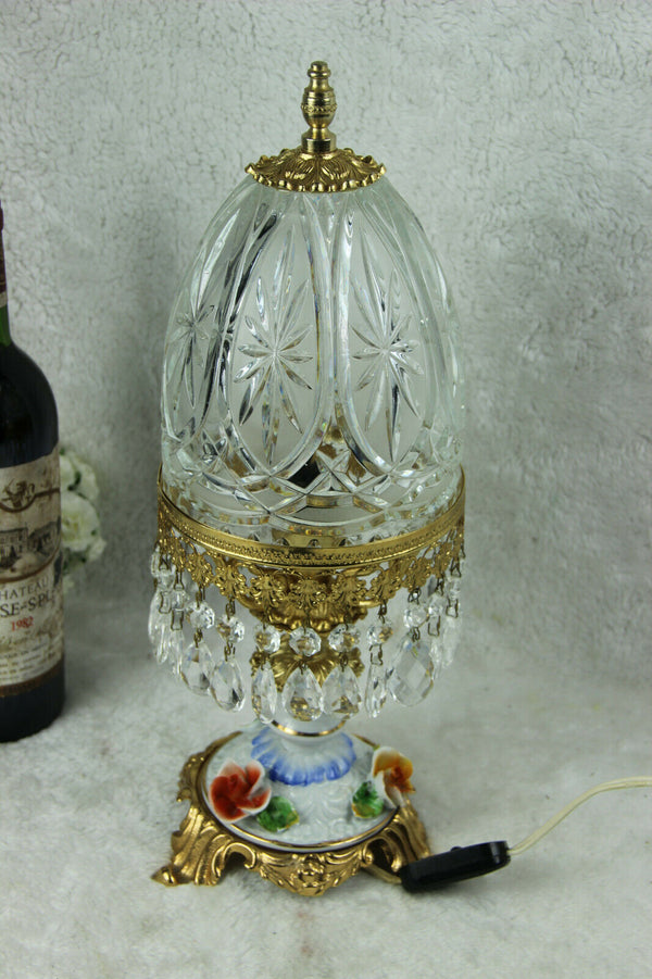 Vintage French crystal glass cut lamp porcelain flowers lamp