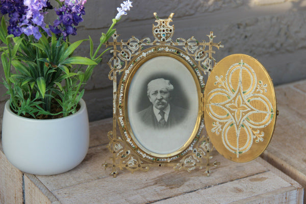 Rare french antique brass inlaid stones enamel porcelain medaillon picture frame