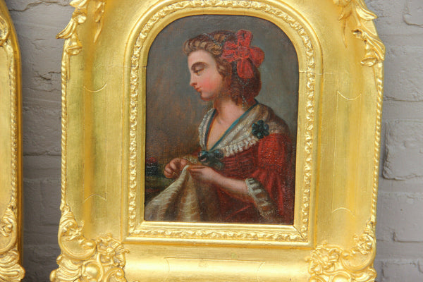 Gorgeous PAIR antique French Portrait oil panel painting putti angel frame rare
