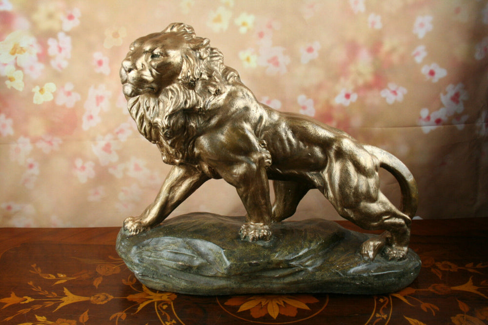 A Fagotto signed sculpture statue of a Lion terracotta plaster Patina Circa 1920