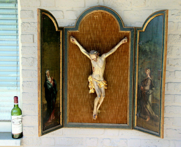 Antique rare religious XXL wall Triptych Wood carved christ oil panel paintings