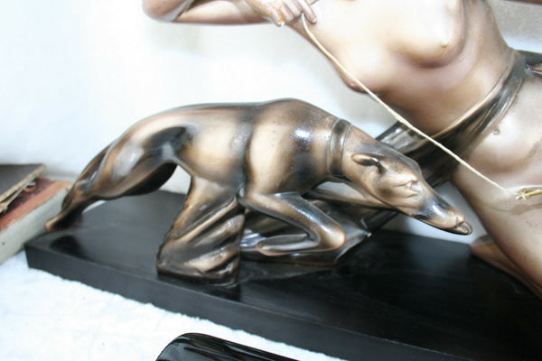 HUGE XL ART deco chalkware Hunting lady with whippet greyhound bow wood base