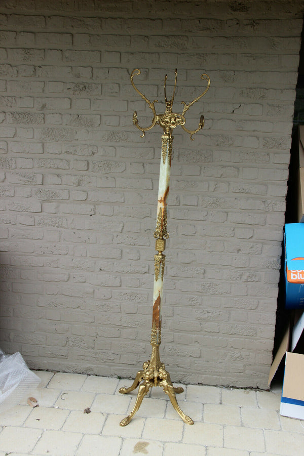 Ornate Antique Brass onyx Marble Coat rack hat stand hall 1950 caryatids base