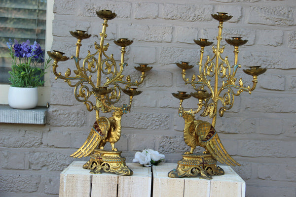 Rare XL Antique Religious Altar church Candelabras gothic dragon  enamel