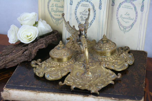 Exclusive gothic Dragon chimaera 1900 French Art nouveau inkwell Devil satyr